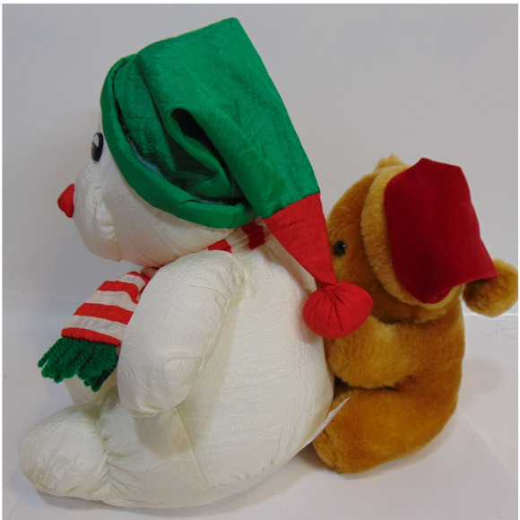 Vintage Christmas Bears Teddy Silk Hat Scarf White Brown Red Nose Plastic Eyes - Picture 8 of 9